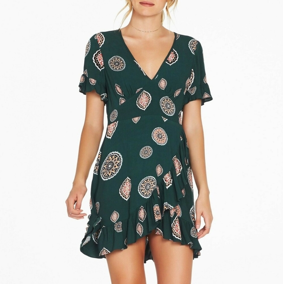 TIGERLILY Matisse Emerald Green Ruffle Wrap Mini Dress - Picture 3 of 16